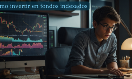 Cree una ilustración hiperrealista que represente a un joven inversor novato navegando con confianza por el mercado bursátil a través de fondos indexados. La escena, aunque se desarrolle en el dormitorio de su casa, debe incluir elementos como un gráfico bursátil simplificado, una cartera diversa y símbolos que representen el crecimiento y la estabilidad financiera. Utilice un estilo artístico limpio y accesible para transmitir sencillez y accesibilidad.