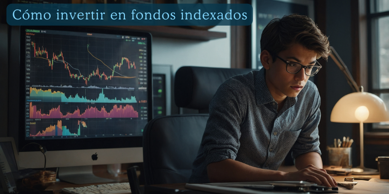 Cree una ilustración hiperrealista que represente a un joven inversor novato navegando con confianza por el mercado bursátil a través de fondos indexados. La escena, aunque se desarrolle en el dormitorio de su casa, debe incluir elementos como un gráfico bursátil simplificado, una cartera diversa y símbolos que representen el crecimiento y la estabilidad financiera. Utilice un estilo artístico limpio y accesible para transmitir sencillez y accesibilidad.